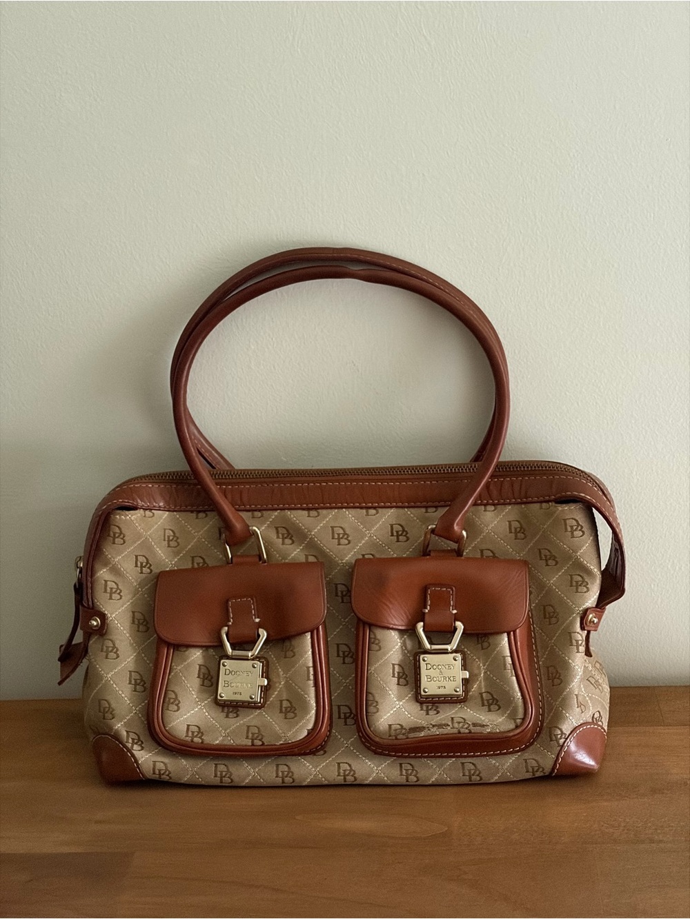 Vintage Dooney & Bourke Signature DB Monogram Double Pocket Satchel Handbag Tan